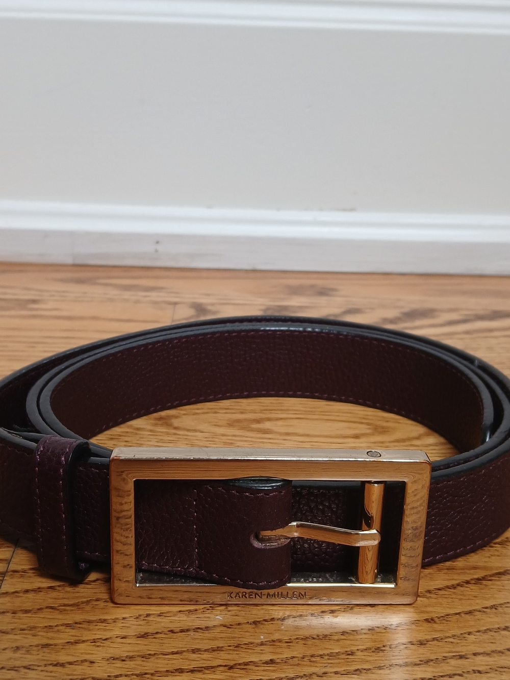 Karen Millen Burgundy Leather Belt with Rectangular Gold Buckle